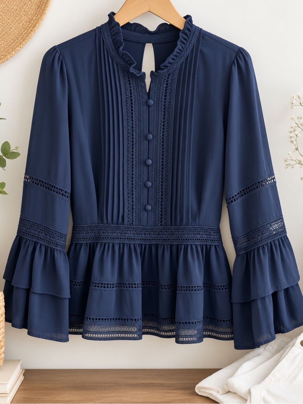 Octavia Navy Blue Vintage-Inspired Lace-Trim Peplum Blouse, Size L